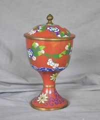 Vintage Chinese Cloisonné Covered Urn Cup Chalice Red Floral Enamel Brass