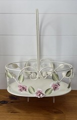Vintage Tole Style Rose Basket Metal Shabby Chic Cottage Decor