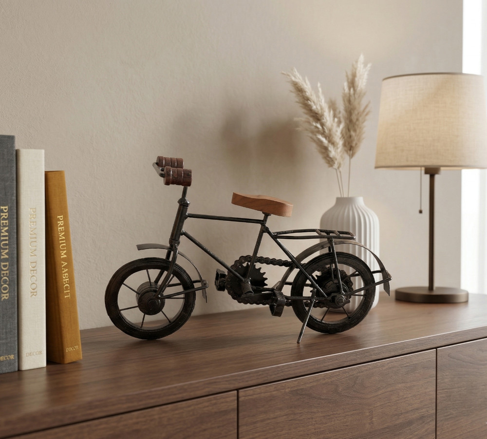 Retro Bicycle Statue Metal Bike Model Wooden Seat Vintage Home Office Decor Gift