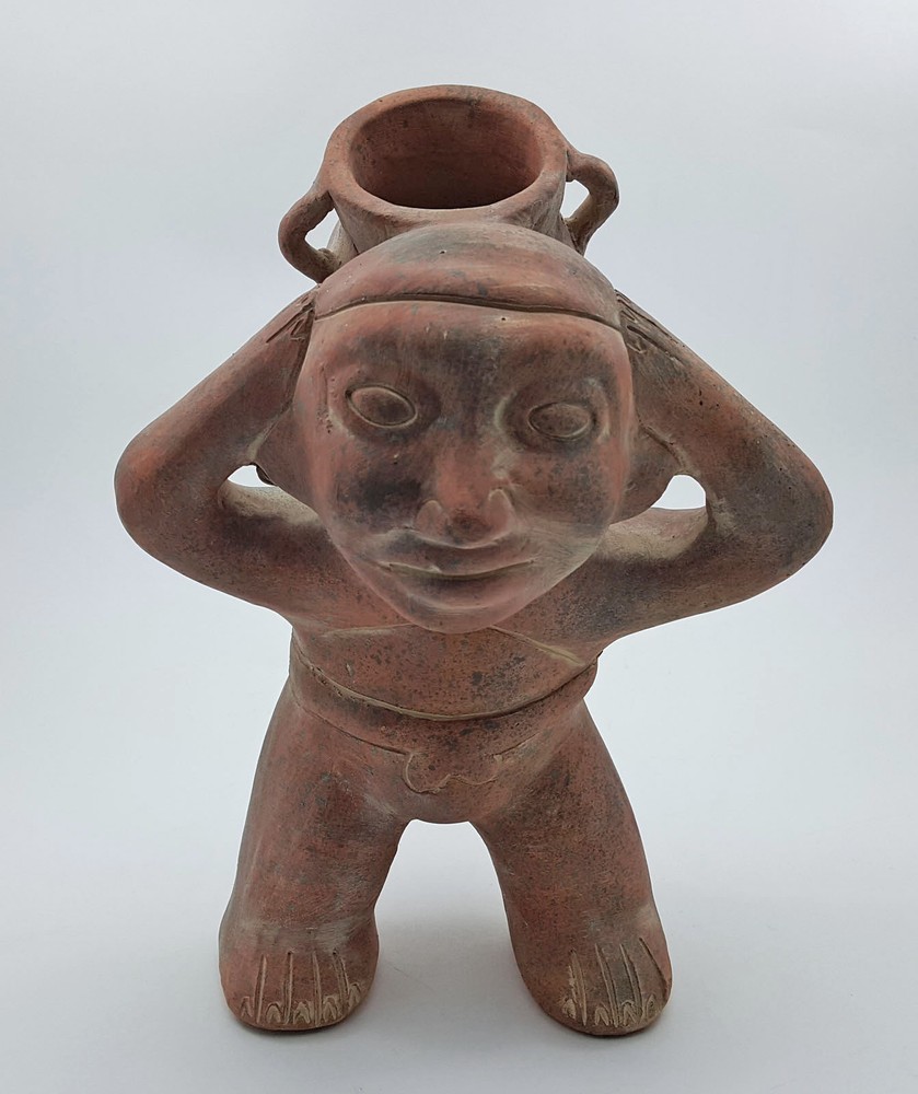 Scarce & Intact Old Columbian Pottery Figurine Water Carrier w/ Detailed Jar
