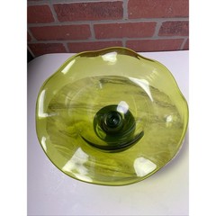 Bowl 12 Inch Avocado Green Hand Blown Art Glass Pedestal Vintage