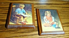 Vtg Rare Find 1970’s Wooden Pictures Plaques Boy & Girl~Nursery Child Decor 594