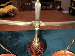 VINTAGE AMBER GLASS COPPER & BRASS ” SCALES OF JUSTICE” MID CENTURY RETRO