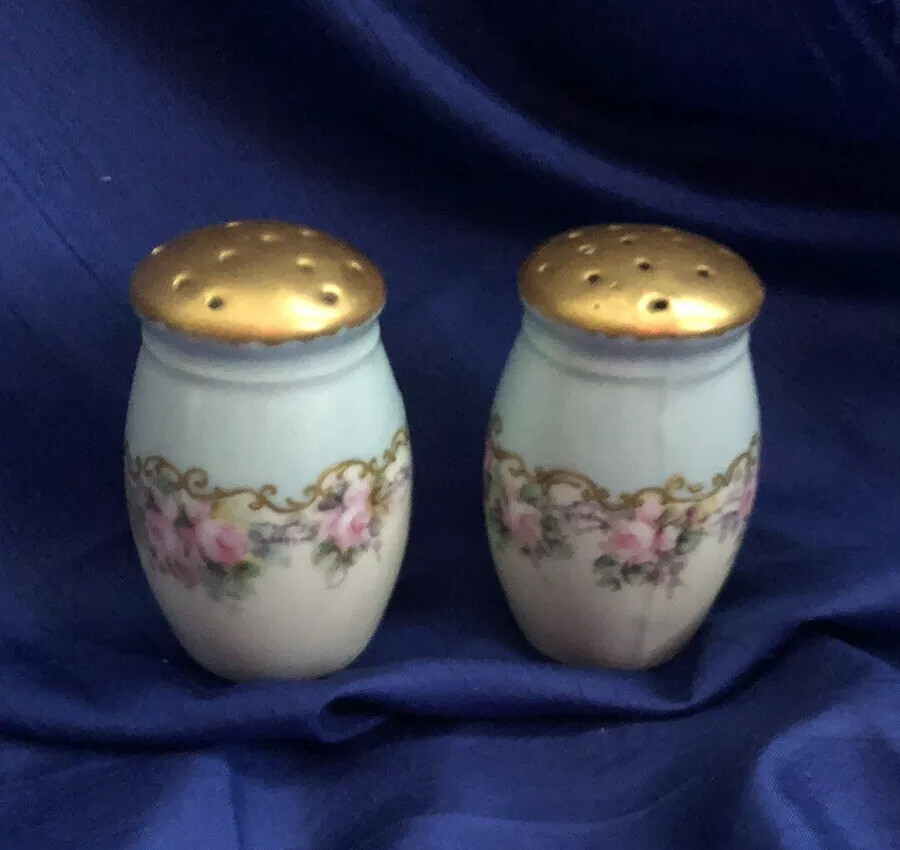 VINTAGE BAVARIA Signed SALT AND PEPPER SHAKER SET Floral Pattern Turquoise Teal