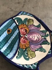 Hand Painted Pottery Fish Greece Blue Artsy Decor Nautical Coastal Trinket Dish