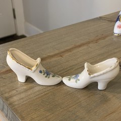 Porcelain Decorative Shoe Pair Floral Design Gold Trim White Blue Green