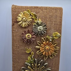 Vtg floral wall plaque raffia paper media art MCM 1970’s Burlap Flowers Decor
