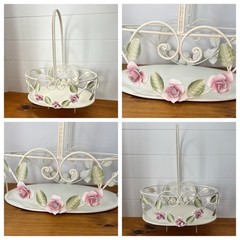 Vintage Tole Style Rose Basket Metal Shabby Chic Cottage Decor