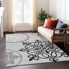9′ X 12′ Gray Black And White Floral Medallion Washable Rug