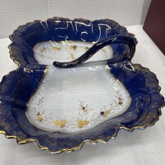 AntiqueGermany Shell Design White, Blue & Gold Divided Handled Serving Dish READ