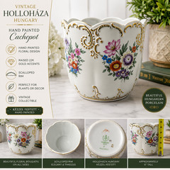 Vintage Hollohaza Hungary Hand Painted Floral Cachepot Planter Gold Gilt Vase
