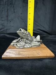 Pewter Open Mouth Bass & Lily Pad On Wooden Base