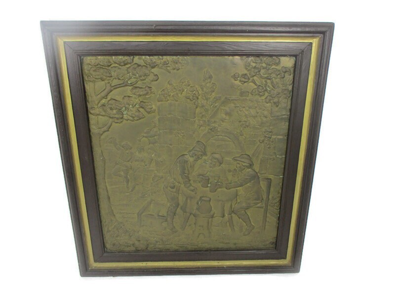 Hammered Copper Framed Wood Ornate Wall Decor Plaque Bas Relief Lovely Breughel