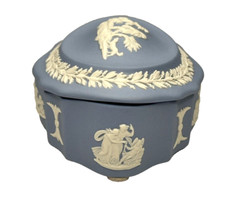 Wedgwood Blue Jasperware Oval Trinket Box Lid Scalloped Cherubs Dogs