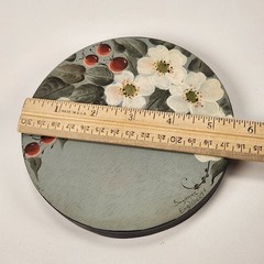 2 VTG Hand Painted Round Wood Lid Dogwood Berries Chickadee Bird Farmhouse Decor