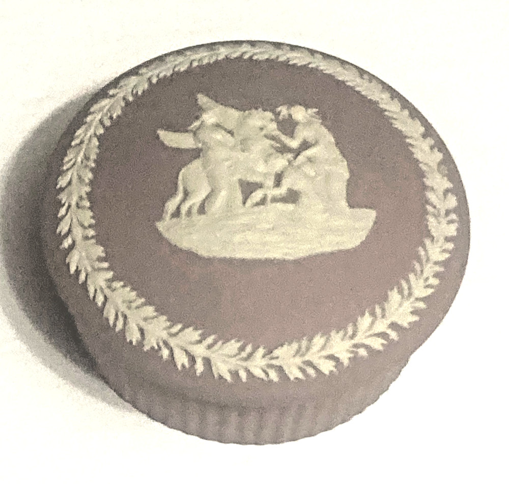 Vintage Wedgwood Jasperware Lilac Round Trinket Box Rare Lavender Color
