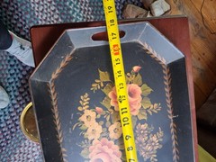 Vtg Hand Painted Tole Metal Tray Floral handles (2564)