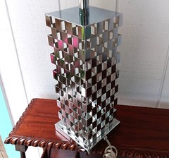 2 CHECKERBOARD chrome table lamp vtg pop mod mcm ’80s modernist art sculpture