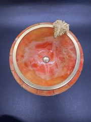 Vintage Alabaster Marble Orange Pedestal Bird Bath, Brass Accents Made Italy
