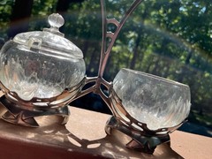 Art Nouveau Pewter Crystal Caddy, Bingit Zinn Jugendstil Condiment Server