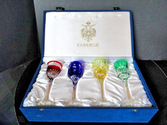 Faberge Na Zdorovye Crystal Colored Cordial Glasses 5 3/4″ H x 2″ at rim NIB