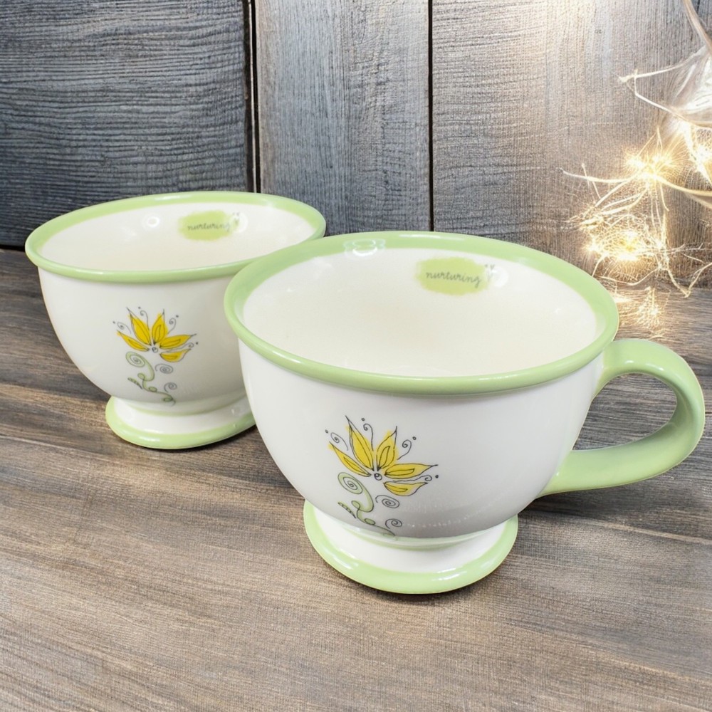 Starbucks Nurturing White Green Floral 10oz Coffee Cup Mug Set 2 Mugs Cups VTG