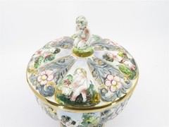 Capodimonte Footed Candy Dish with Lid Featuring Cherub Finial