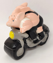 Pig Figurines Salt and Pepper Shakers Hogs on a Hog Motorcycle Harley Biker