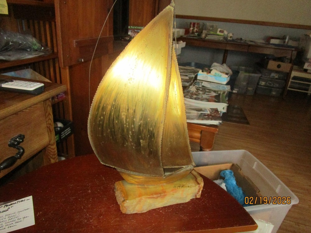 Vintage John De Mott Brass 17″ Sail Boat on Onyx Marble Base Signed Nautical