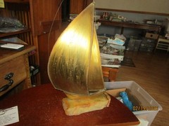 Vintage John De Mott Brass 17″ Sail Boat on Onyx Marble Base Signed Nautical