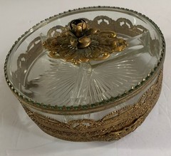 VTG Gold Ormolu Hollywood Regency Brass Beveled Glass Divided Trinket Jewel Box