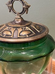 Antique Art Nouveau Austrian Jugendstil Green Glass Vessel w/ Metal Lid