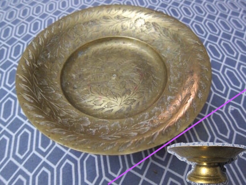 Estate Antiqu 1909? Edwardian BRASS pedestal DISH pillar CANDLE HOLDER old INDIA