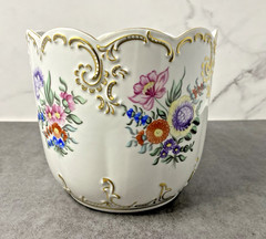 Vintage Hollohaza Hungary Hand Painted Floral Cachepot Planter Gold Gilt Vase