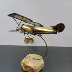Vintage MCM Demott BiPlane Golden Metal Stone Base Art Decor Signed