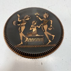 Vintage Decorative Art Lot Egyptian Etched Brass Plate Navajo Sand Art 2 Pieces