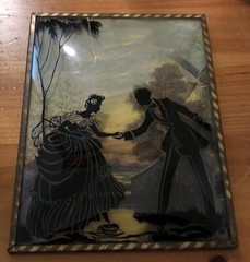 Vintage Silhouette Painted On Convex Glass 6″ x 8″ Couple Crossing Creek 1940s