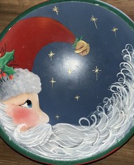 Vintage Weston Bowl Mill Hand Painted Santa Wooden Round Bowl Signed 11.5”