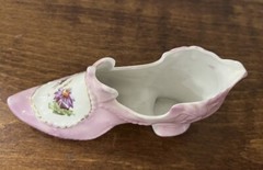 2 Antique 1868 Porcelain Slippers Victorian Edwardian Gold Trim Hand Painted PJF