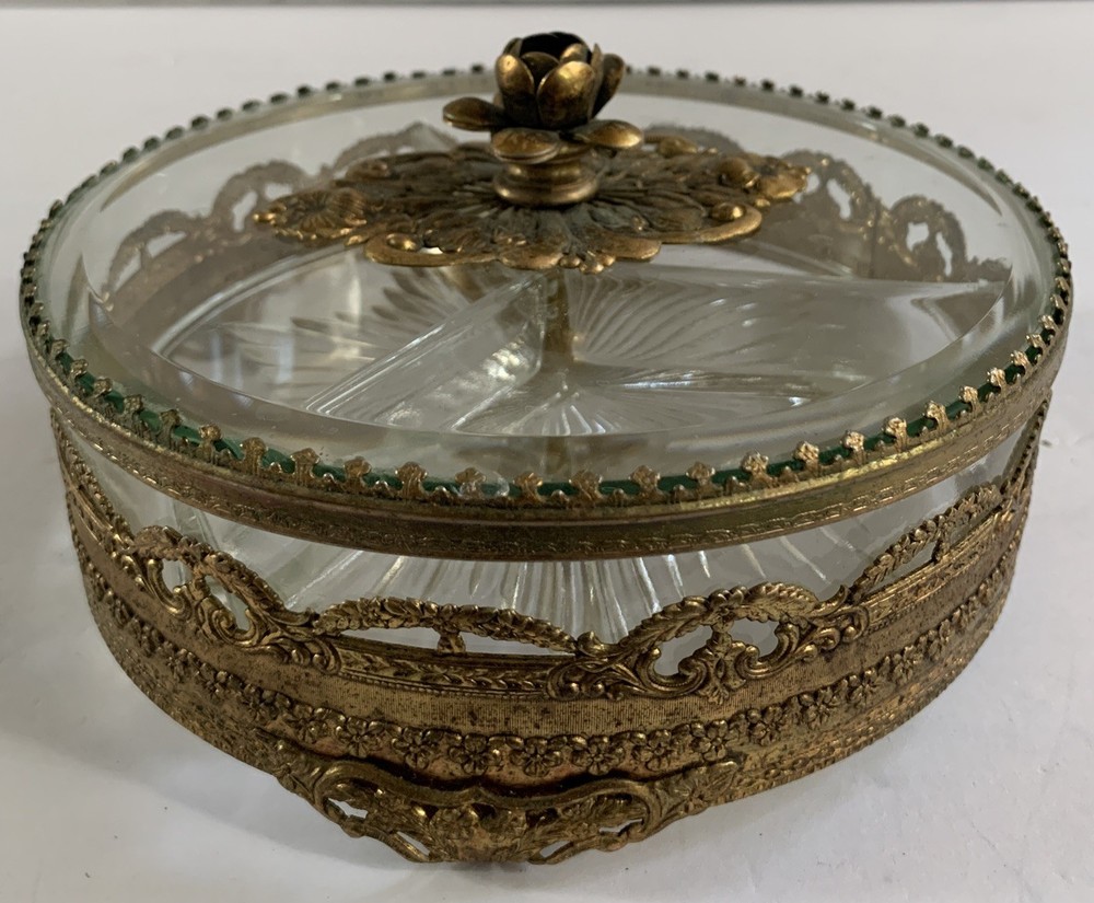 VTG Gold Ormolu Hollywood Regency Brass Beveled Glass Divided Trinket Jewel Box