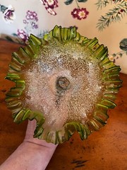 RARE Antique 1860 Craquelle Overshot Art Nouveau Green Bowl On Metal Base