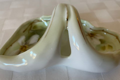 Antique EDWARDIAN R.S. Germany Handled Pastel Green Bon Bon Dish WHITE CLEMATIS