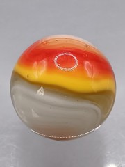.76″ Akro Corkscrew Popeye Red, Yellow, White Shooter Marble- #CE136
