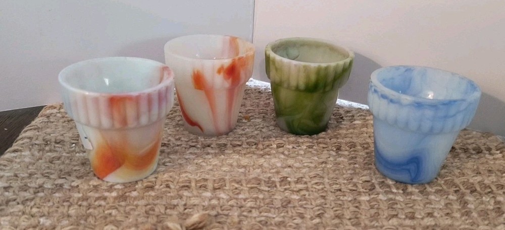4 Vintage Akro Agate Slag Glass Mini Flower Pots 2-3/8”