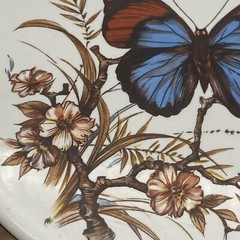 Vtg Wall Plaque Tile Trivet Butterfly Blue Brown Flowering Branch Wood Octagon