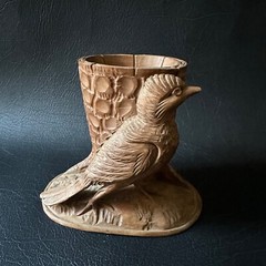 VINTAGE HAND CARVED WOODEN BIRD MATCH TOOTHPICK HOLDER MADE IN SWITZERLAND