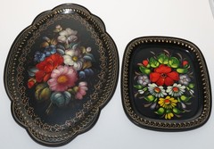 TWO Vtg Tole, Toleware Black Metal Trays, Hand-Painted Florals w/Gold Trim Edges
