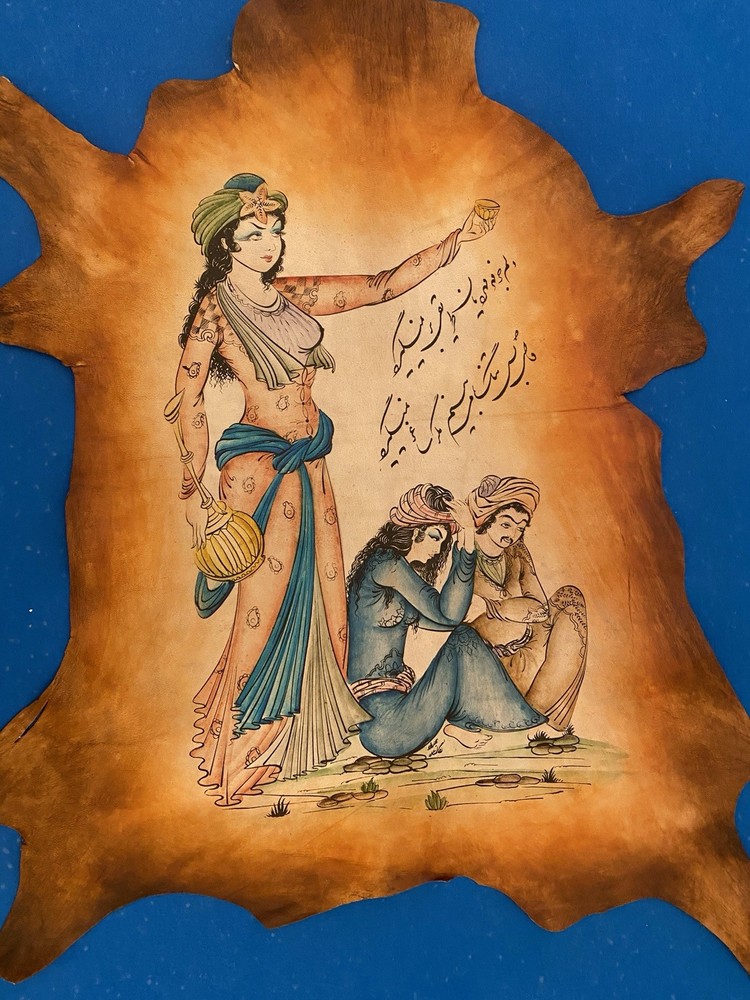 Vintage Persian Hand-Painted Leather Wall Hanging miniature Brown/Blue Decor