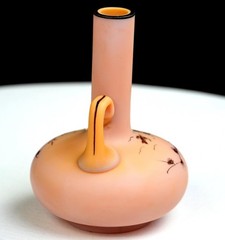 Victorian Art Nouveau Opaline Satin Glass Birds Flora 5″ Handled Bud Vase 1885-