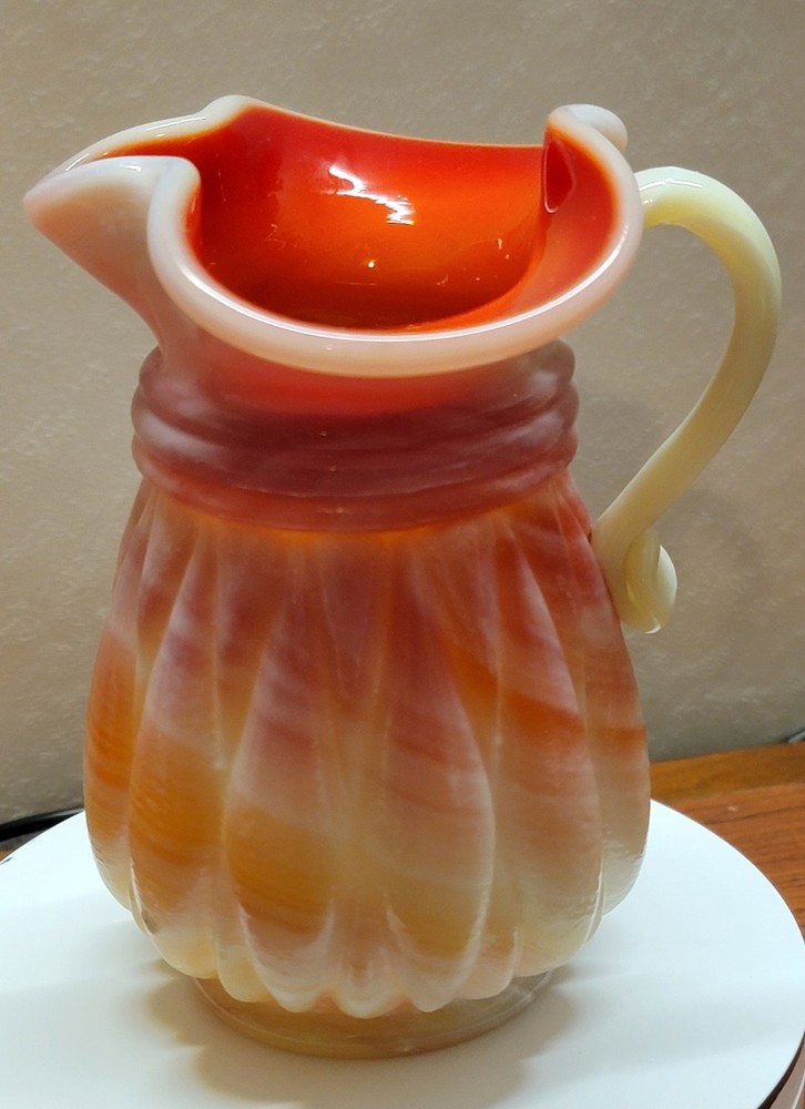 1940 Akro Agate Slag Glass Pitcher Orange Red Creamy White Swirl UV Glow